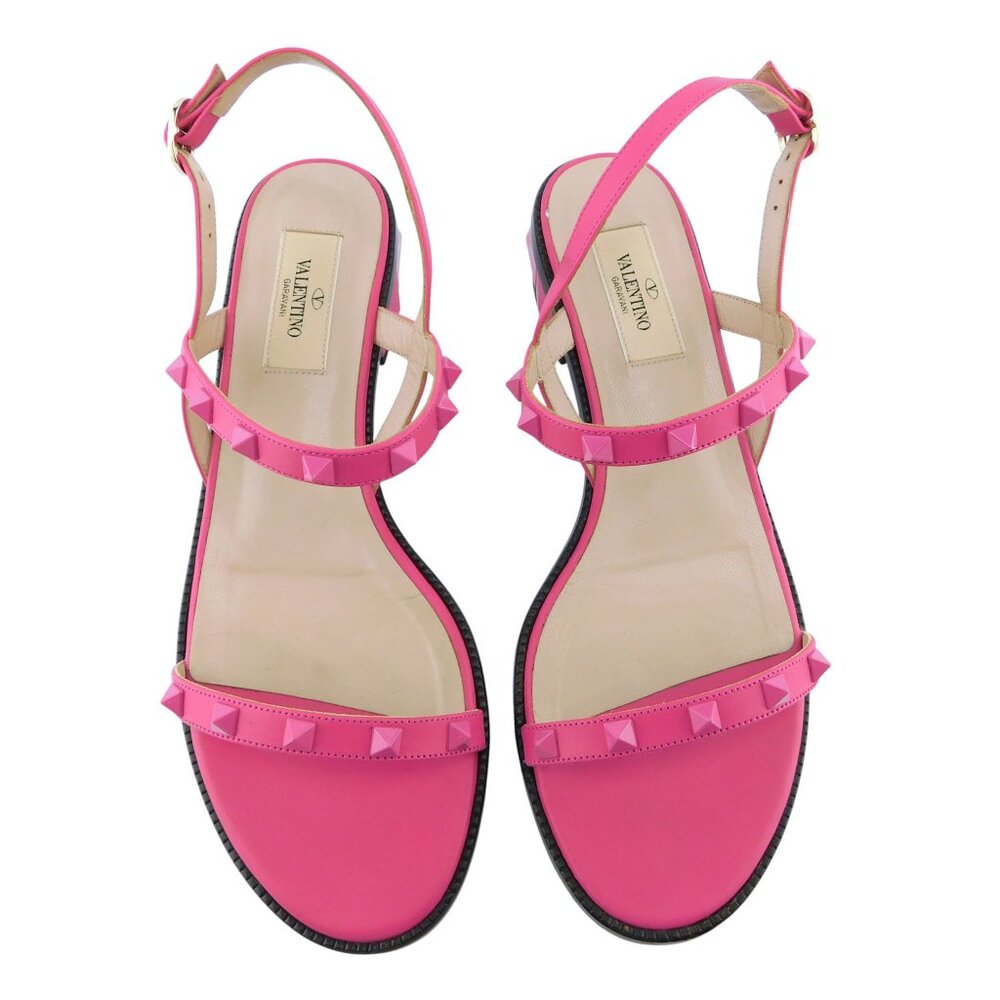 VALENTINO Rockstud Pink Leather Block Heel Ankle Strap Sling Sandals 39 EU